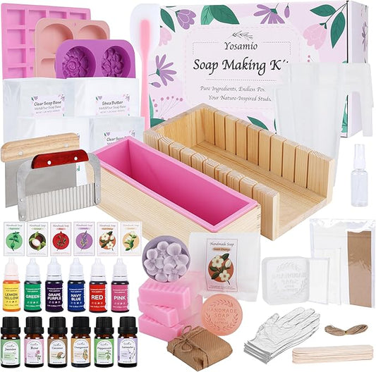 Yosamio Ultimate Soap Making Kit for Adults - Professional 42OZ Silicone Loaf Mold w/Wood Box & 2 Stainless Steel Cutters - 4lbs Natural Soap Base, 12 Oils/Dyes & Stamp - Deluxe DIY Craft Gift Set