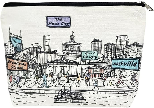 Cities Around the World Artwork Cosmetic Bag Series – Designed in USA, Travel Makeup Bag with Zipper, Souvenir Gift for Women, Artwork Organizer for Purse or Toiletry (Nashville)