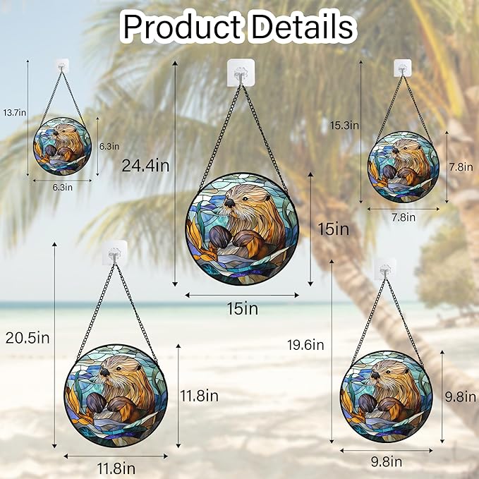 Stained Glass Suncatcher, Blue Ocean Cute Sea Otter Sun Catcher Stain Glass Window Hanging Decoration Mother's Day Birthday Gifts for Women Men Mom Nana 7.8 in