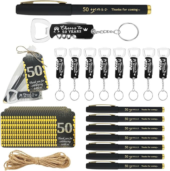 25sets 50th Birthday Party Favors for Guests Including Pens Bottle Opener Keychains Bulk Thank You Cards with Organza Gift Bags for Birthday Anniversary Souvenirs, Cheers to 50 Years
