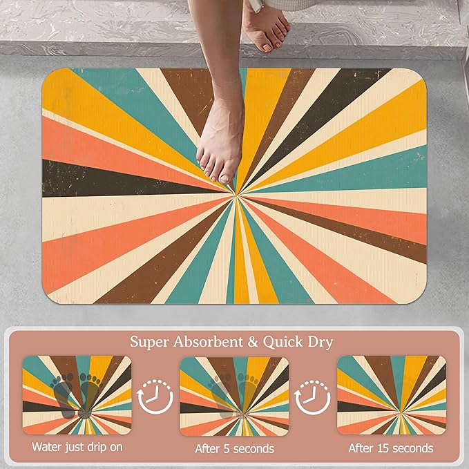 Diatomaceous Earth Bath Mat,Retro Vintage Bath Rugs,Radial Rays Non-Slip Thin Absorbent Fast Drying Easy to Clean for Bathroom Laundry Home Kitchen Door Mat 17x29.5Inch