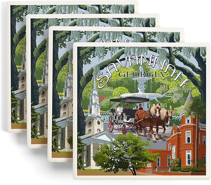 Lantern Press Savannah, Georgia, Town Views (Absorbent Ceramic Coasters Set of 4 Matching Images, Cork Back, Kitchen Table Decor)
