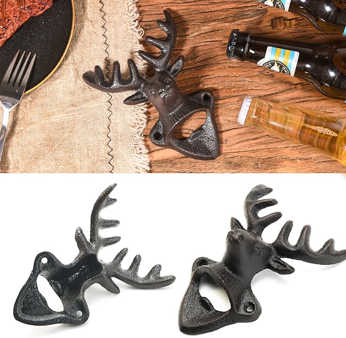 Sungmor Wall Mounted Bottle Opener, Cast Iron Cool Deer Head Bottle Opener, Beer Coke Beverage Bottle Cap Opener, Vintage Rustic Style Wall Hanging Opener, Bar Farmhouse Wall Ornament, Practical Gift