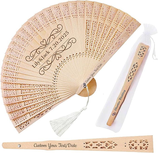 Personalized Wedding Fans for Guests Custom Wooden Folding Handheld Fans Bulk with Organza Bags Tassels for Wedding Graduation Party (50)