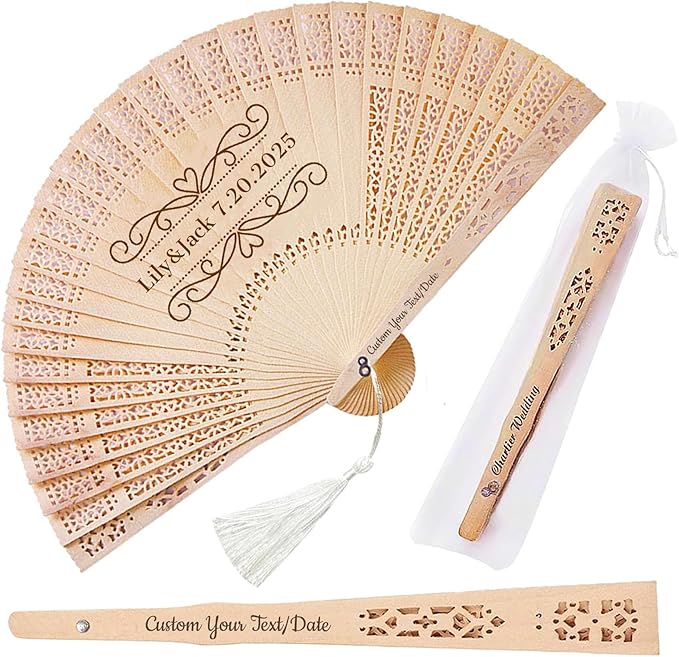 Personalized Wedding Fans for Guests Custom Wooden Folding Handheld Fans Bulk with Organza Bags Tassels for Wedding Graduation Party (100)