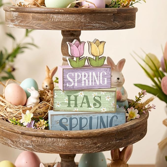 4 Pcs Spring Table Decor Wood Floral Decoration Tulip Centerpiece Spring Tiered Tray Decor Decorative Colorful Flower Block Signs Gift Farmhouse Decoration for Home Kitchen