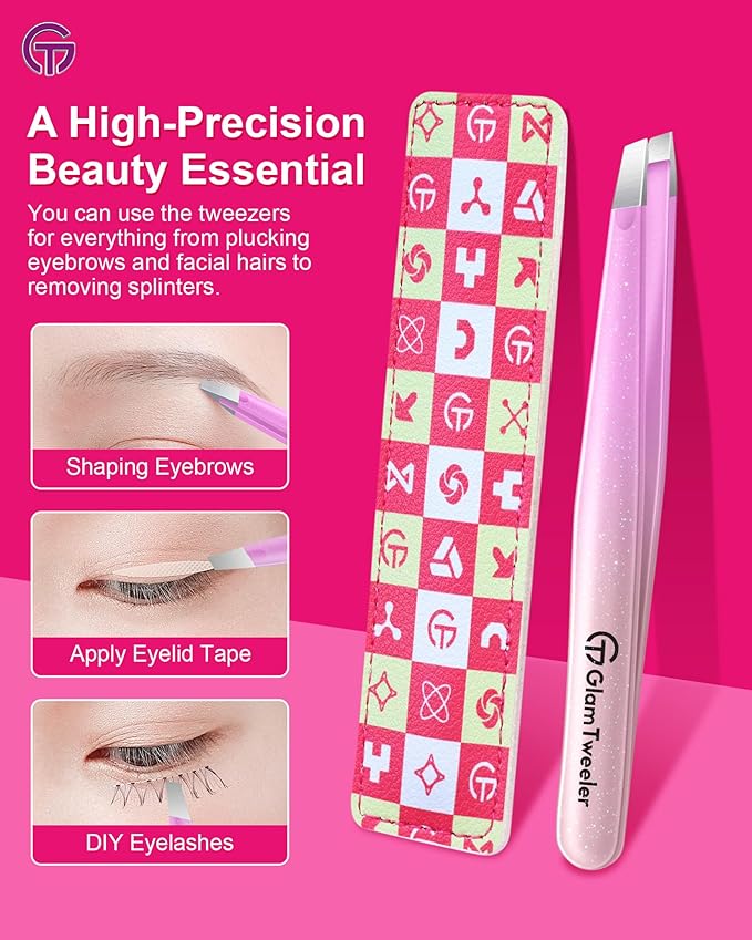 Expert Slant Tip Tweezers with Leather Travel Case, GlamTweeler Sharp & Precision Stainless Steel Tweezer for Eyebrows, Facial Hair and Fine Hairs Removal (Sparkle Violet & Peach)