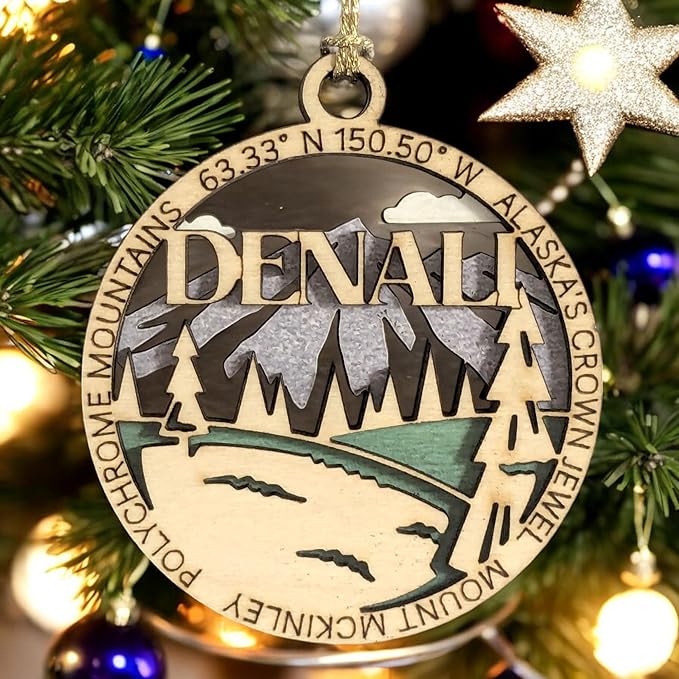 Denali National Park 3" Wood Ornament - Alaska's Crown Jewel Christmas Decoration, Handcrafted 2-Layer Laser Cut Design