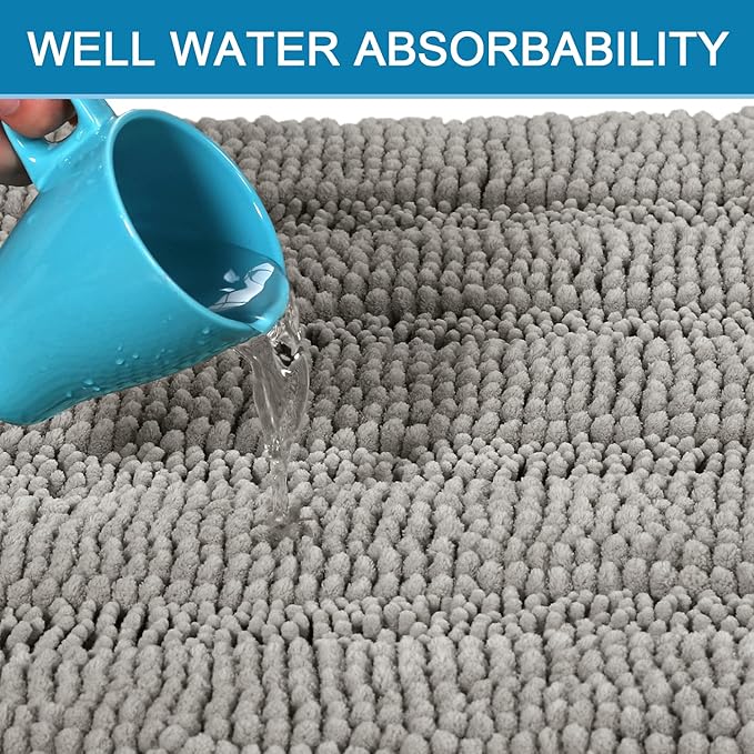 H.VERSAILTEX Bath Rugs for Bathroom Non Slip Bath Mats Extra Thick Chenille Striped Bath Rug Runners 47" x 17" Absorbent Fluffy Soft Shaggy Mats Dry Fast Plush Area Carpet for Bath Room - Dove