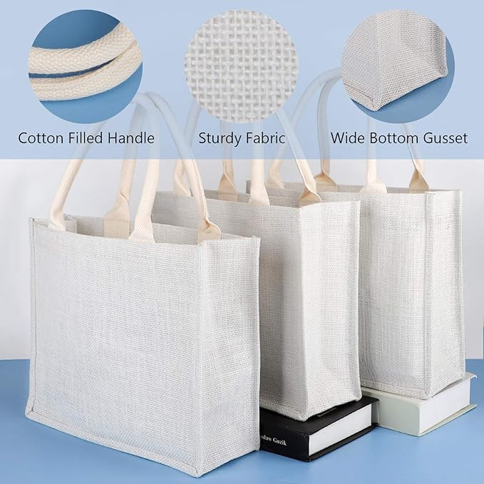 Segarty Tote Bags, 6 Pack Small White Burlap Jute Reusable Canvas Gift Favors Bag with Handles Blank Tote Bulk for Bridesmaid Wedding, Women Market Grocery Shopping, Bachelorette Party, Beach Trip