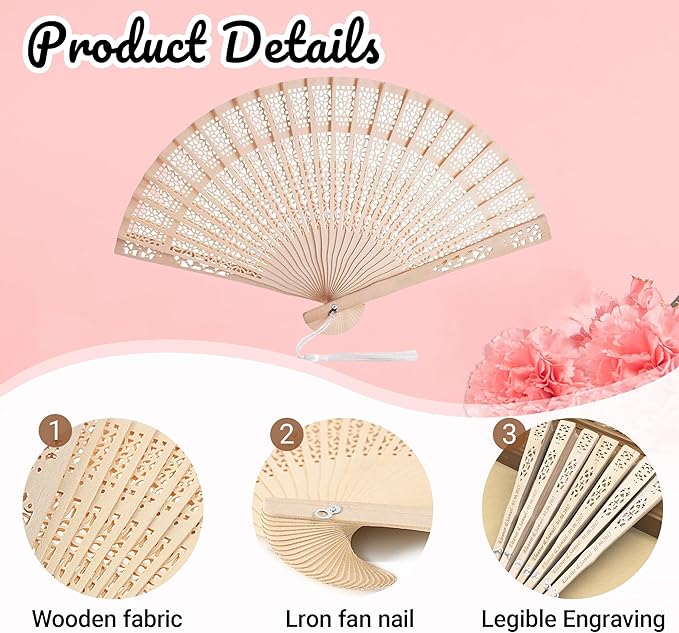 MBDFUT 100Pcs Personalized Sandalwood Wedding Fans with Organza Bags, Foldable Custom Wooden Fans, Handheld with Text/Date, Wedding Party Favors for Guests