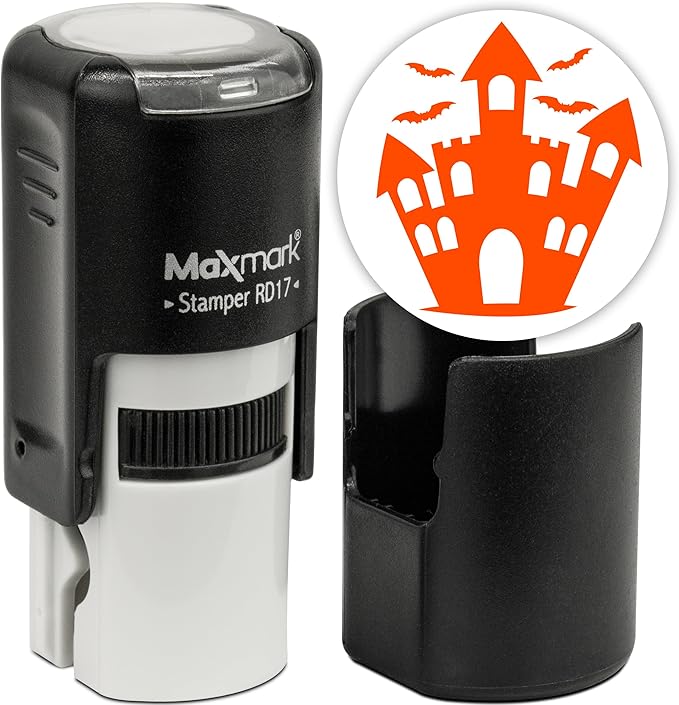 MaxMark Round Self Inking Halloween Stamp - Castle - Orange Ink