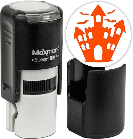 MaxMark Round Self Inking Halloween Stamp - Castle - Orange Ink