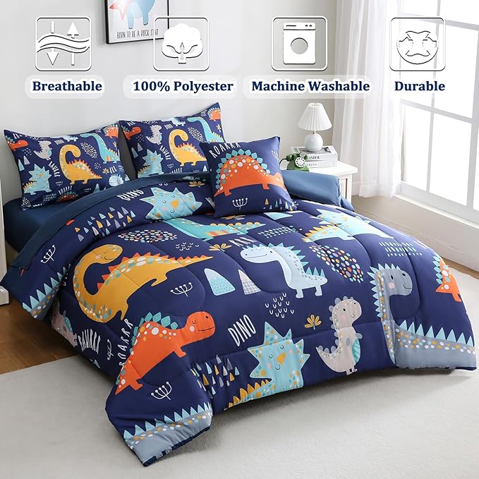 6 Pcs Bed in A Bag Full Comforter Set for Boys Girls, Dinosaur Comforter, Dinosaur Bedding Sets with Sheets for Kids