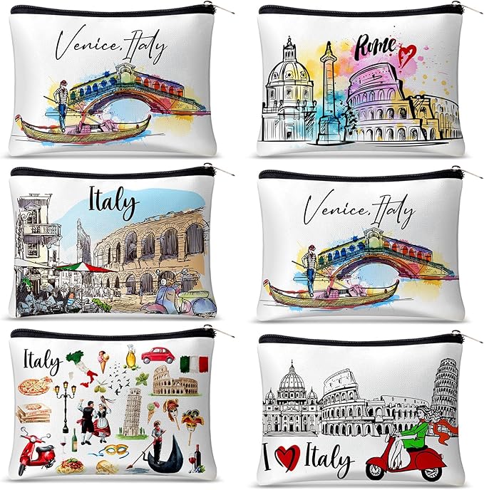 Reginary 6 Pcs City Cosmetic Bag Souvenir Gifts New York Zipper Pouch Chicago Souvenir Seattle Boston Nashville London Paris Italy Alaska Gifts Memento for Women Traveler(Italy)
