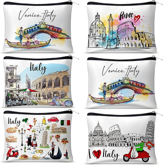 Reginary 6 Pcs City Cosmetic Bag Souvenir Gifts New York Zipper Pouch Chicago Souvenir Seattle Boston Nashville London Paris Italy Alaska Gifts Memento for Women Traveler(Italy)
