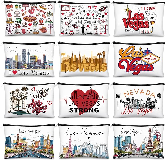 Reginary 12 Pcs City Souvenir Gifts Texas State Gifts Chicago City Souvenirs California Makeup Bag Paris San Francisco Alaska Zippered Cosmetic Bag for Women Traveler Souvenirs(Las Vegas)