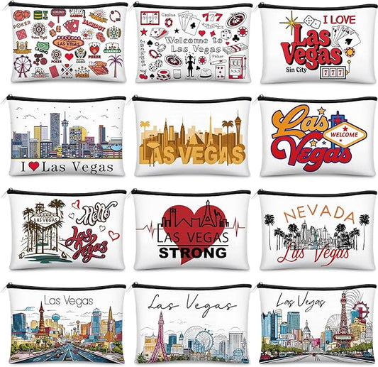 Reginary 12 Pcs City Souvenir Gifts Texas State Gifts Chicago City Souvenirs California Makeup Bag Paris San Francisco Alaska Zippered Cosmetic Bag for Women Traveler Souvenirs(Las Vegas)