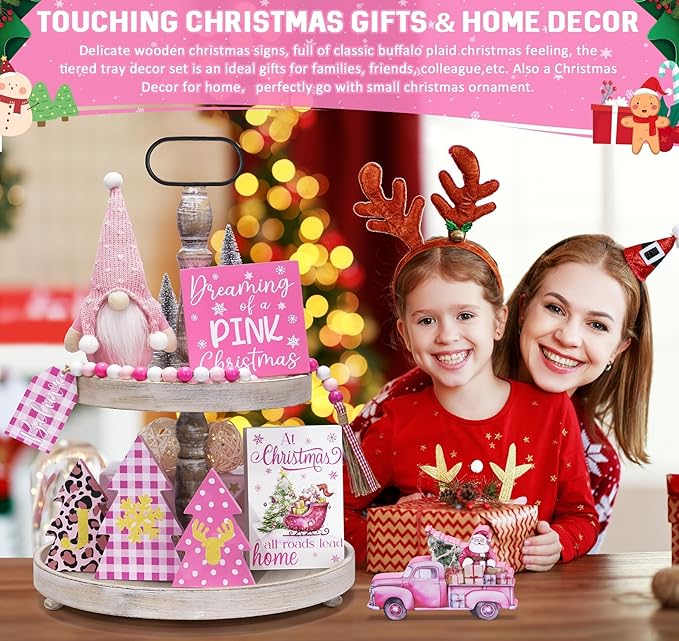 Pink Christmas Tiered Tray Decor 8 PCS Xmas Decorations Indoor - Believe Christmas Wooden Signs & Pink Xmas Gnome Plush Set - Table Decor Tier for Home Kitchen Mantel