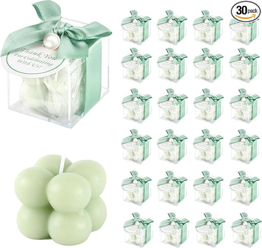 ACITHGL 30 Sets Fully Assembled Small Bubble Candle Party Favors for Guests Bulk Bridal Showers Favors Candles with Stylish Ribbons Thank You Cards Gifts (Green)