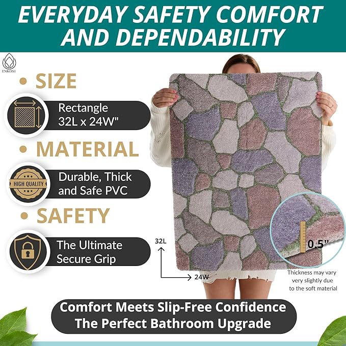Enkosi Loofah Non-Slip Shower Mat - Shower Floors, Bathtub, Bathrooms, Wet Areas - Cushioned Bath Mat with Drain Holes - Quick Dry PVC, Secure Safety Pad Without Suction Cups (32x24 Stone Path)