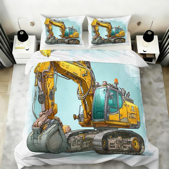 Yellow Excavator Bedding Set King Size Engineering Vehicle Duvet Cover Construction Vehicle Comforter Cover Construction Machinery Comforter Set with Pillowcases for Bedroom