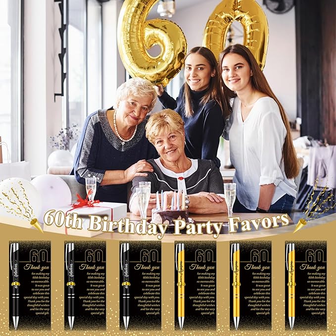 25 Sets 60th Birthday Themed Party Favors for Guests Including Birthday Ballpoint Pens and Black Gold Thank You Cards for Guests New Year Anniversary Appreciation Gifts