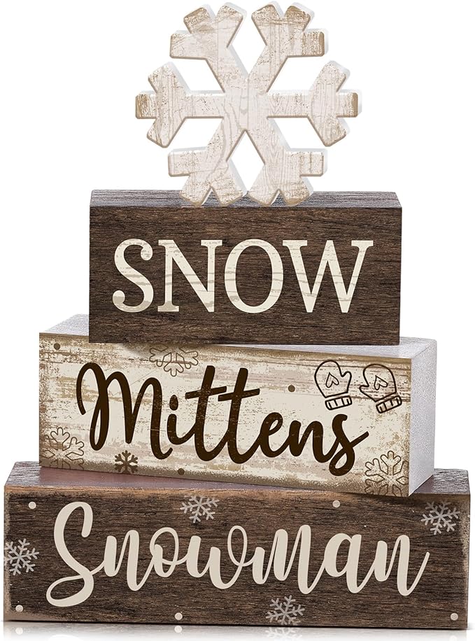 4 Pcs Winter Table Decorations Wooden Snowflake Decor Christmas Tiered Tray Decor Rustic Decorative Snowflake Block Sign Gift Winter Table Centerpiece for Wonderland Party Home Kitchen