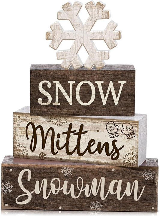 4 Pcs Winter Table Decorations Wooden Snowflake Decor Christmas Tiered Tray Decor Rustic Decorative Snowflake Block Sign Gift Winter Table Centerpiece for Wonderland Party Home Kitchen