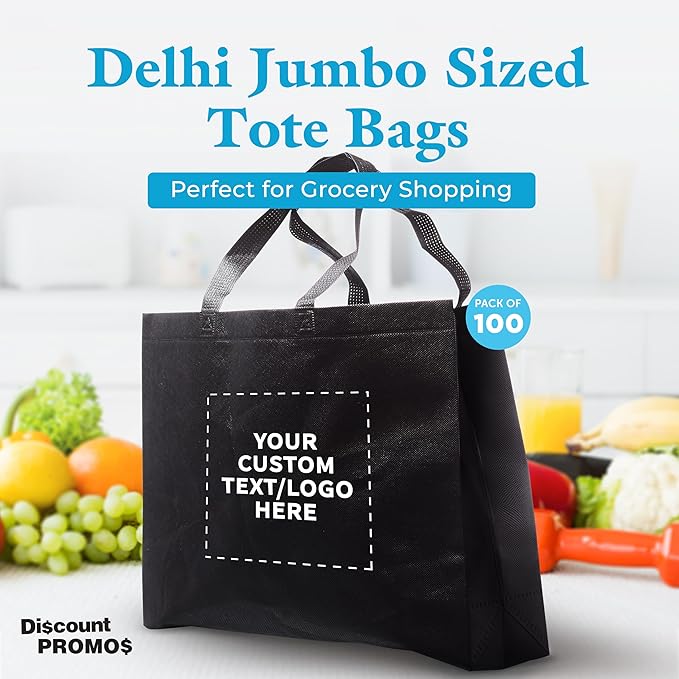 DISCOUNT PROMOS Custom Jumbo Sized Tote Bags Set of 100, Personalized Bulk Pack - Reusable Grocery Bags, Shopping Bags, Promotional Item Totes for Women - Black
