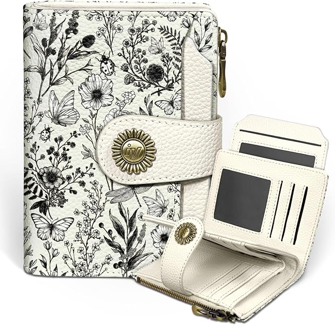 Flowers Floral Small Wallet Women RFID Blocking Bifold, Credit Card Holder, Zipper Coin Pocket, PU Leather, Compact, Travel, 4 ID Window, 14 Card Slots, Cash Purse, Ladies Woman Female Girls