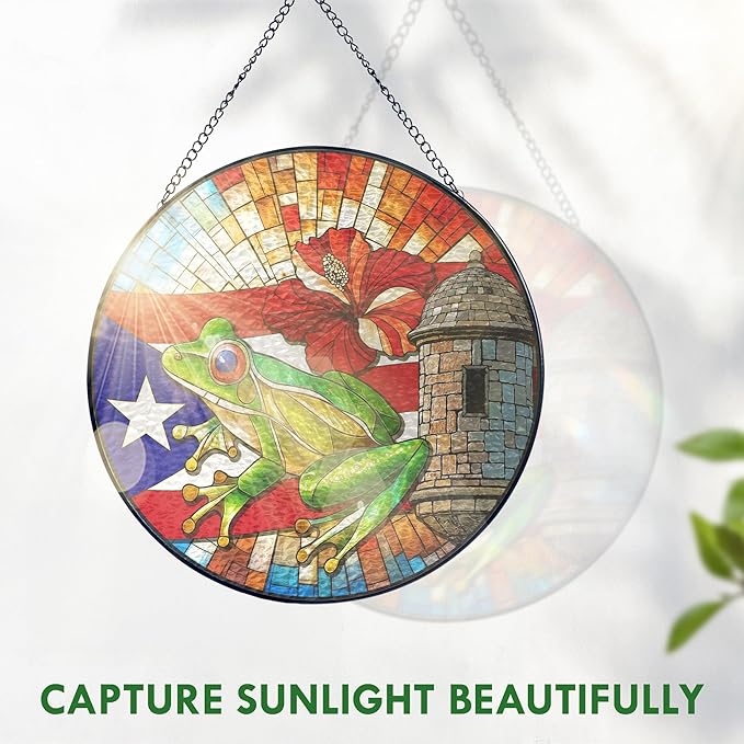 FLAGWIX Puerto Rico Gifts - Stained Glass Window Hanging 10 in - Puerto Rican Gifts for Women Men, Coqui Sun Catchers Indoor, House Warming Gift for Mom Dad Puerto Rican, Friend Gift Ideas