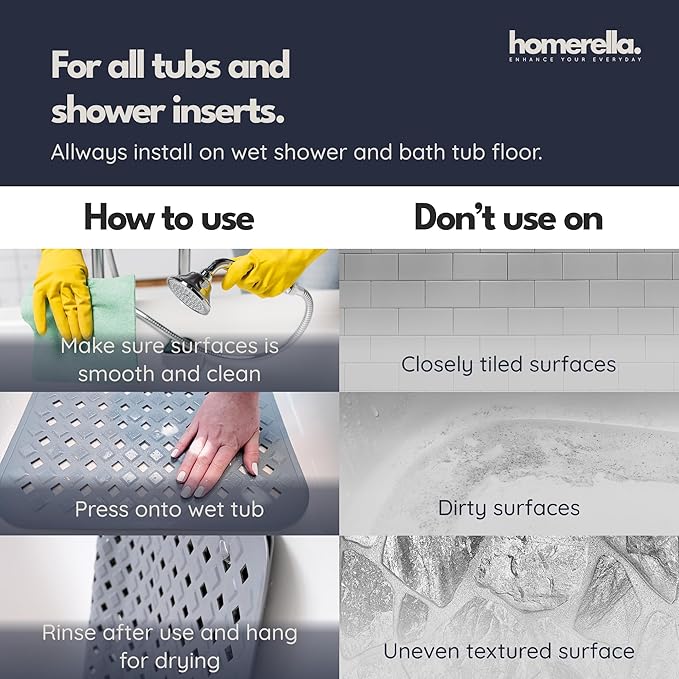Homerella Baby Bath Tub Mat | Anti Mold Mildew Resistant Non Slip Kids and Adult Bath Tub Shower Mats | 40x16 inch Long with Suction Cups for Secure Grip Hooks for Storage & Drying | Machine Washable