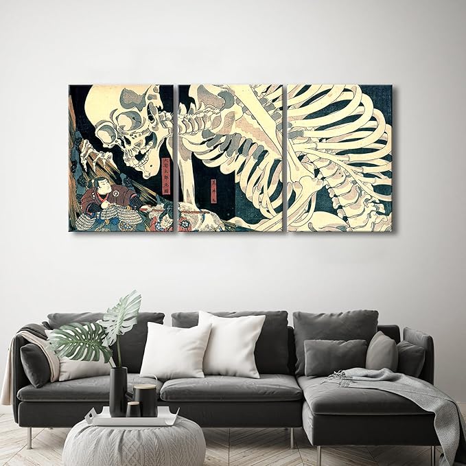 Wieco Art 3 Piece Witch and Skeleton Ukiyo-E by Utagawa Takiyasha Historic Cultural Illustrations for Living Room Bedroom Home Decorations Landscape Artwork