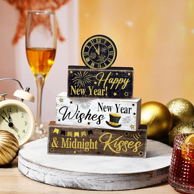 4 Pcs New Year Table Decoration Eve Party Supplies 2026 Gold Black Tiered Tray Decor Happy New Year Centerpiece Rustic Decorative Clock Block Signs Gift for Home Eve Party Decoration