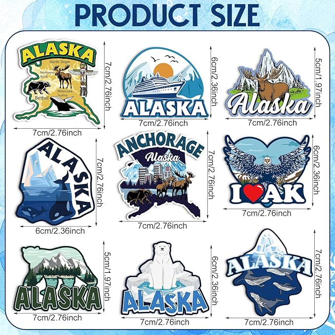 18 Pcs Alaska Cruise Fridge Magnetic Stainless Steel Alaska Cruise Refrigerator Magnetic Stickers Include Polar Bears, Whales, Moose, Glacier Signs Magnet for Carnival Stateroom Cabin Party Decor