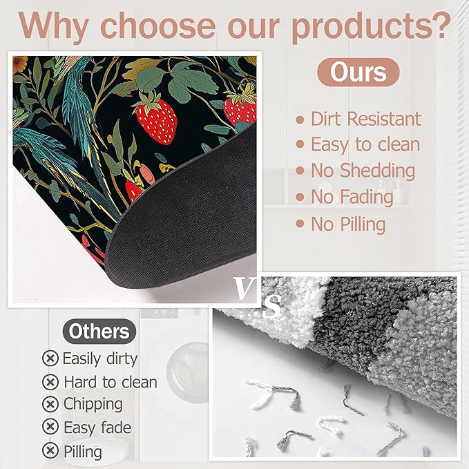 Bath Mat,Strawberry Bird Bathroom Rugs,Quick-Drying Non-Slip Rubber Bath Mats Flower Leaf Absorbent Diatomaceous Earth Mat for Bathroom Home Decor 17"x29.5"