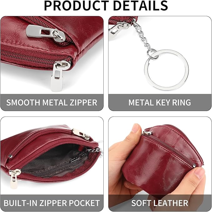 SENDEFN Genuine Leather Small Coin Purse Pouch Change Holder Wallet for Women With KeyChain