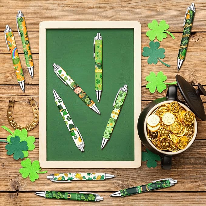 Idealmuzik Green Theme Ballpoint Pens Set of 10 – Shamrock & Lucky Clover Design with Smooth Black Ink – St. Patrick’s Day Inspired Pens for Office, Home, Party Favors, and Gifts