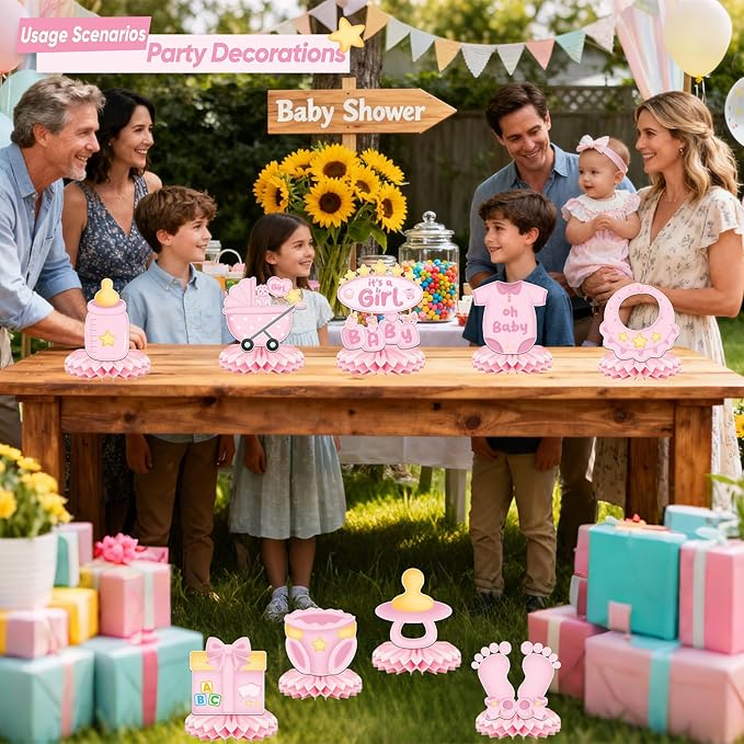 9Pcs Baby Shower Decorations Honeycomb Centerpieces for Girl, Cute Pattern It's a Girl Gender Reveal Table Centerpiece, Gender Reveal Party Supplies (Pink)