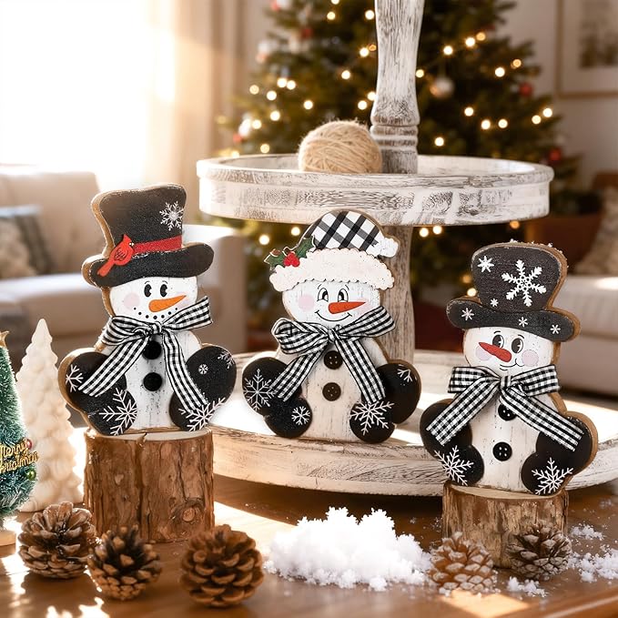 3 Pcs Christmas Wood Centerpieces for Tables Wooden Snowman Table Decor Rustic Merry Xmas Tabletop Signs Block Winter Desktop Decorations Indoor Tiered Tray Office Desk Shelf Home Mantel Holiday Party