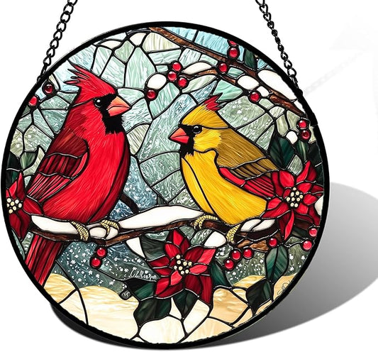 Stained Glass Window Hanging, Love Birds Cardinals Sun Catchers Colorful Glass Panel Birds Suncatcher Decor for Birthday for Women, Men, Wife, Lovers, and Mom 6.3 in