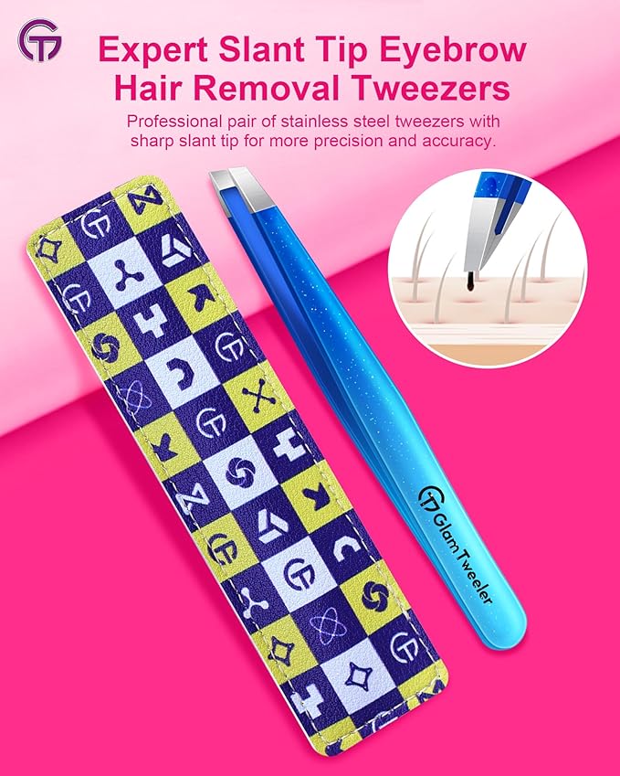 Expert Slant Tip Tweezers with Leather Travel Case, GlamTweeler Sharp & Precision Stainless Steel Tweezer for Eyebrows, Facial Hair and Fine Hairs Removal (Sparkle Royal Blue & Aqua)