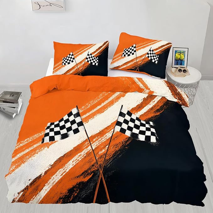 Racing Checkered Flag Bedding Set Full Size Sporty Motorsport Duvet Cover Boys Race Car Comforter Cover Race Track Bedding Set with Zipper Ties for Bedroom