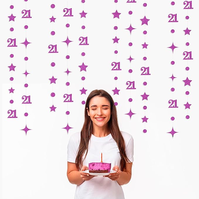 Purple Number 21 Circle Dot Twinkle Star Garland Glitter Hanging Streamer Bunting Banner Backdrop Decoration for Girls Boys 21st Birthday Finally Legal Twenty One Anniversary Wedding Party Supplies