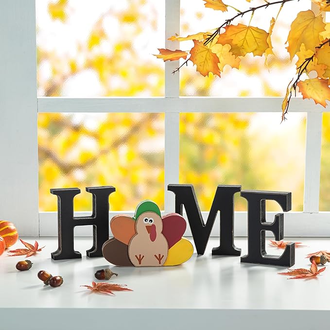 Glitzhome Interchangeable Home Table Signs with 13 Pcs Seasonal Icons, Wooden Changeable Home Sign for Holiday Decor, HOME Letter Sign Ornaments Set Interchangeable Holiday Decorative Shelf Blocks