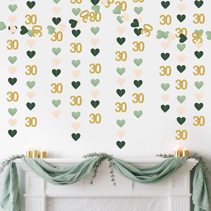 Sage Green Gold 30th Birthday Decorations Sage Green Gold Heart Garland Streamer Banner Backdrop for Women Happy 30th Birthday Dirty Thirty Cheers to 30 Years Old Fabulous Anniversary Party Supplies