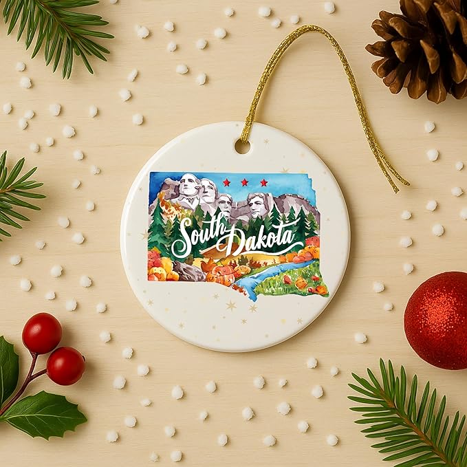 USA State Landmark Ceramic Ornament – Round Glossy Christmas Decoration Featuring U.S. State Art, Landmarks & Holiday Scenery – Collectible Travel Souvenir Ornament Series (South Dakota)