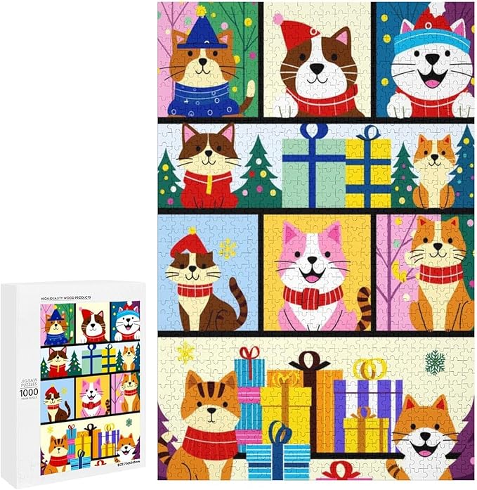 Wooden Puzzle 1000 Pieces Adult - Christmas Dog Cat Puzzle Christmas Puzzles, Holiday Puzzles, Family Toys, Party Games, Jigsaw Puzzle Challenge and Funny