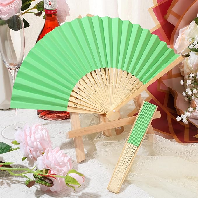 Yinkin 24 Pack Folding Fans Bamboo Handheld Folded Craft Hand Japanese Chinese Fans for Weddings Bridal Dancing Church DIY Decoration Women Gift Party Favors (Dark Green)